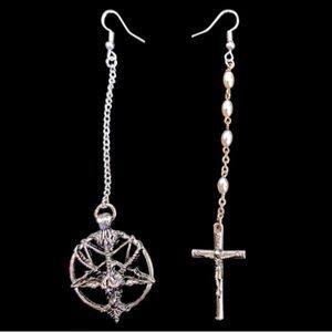 Handmade Goth Punk Dangly Pentagram and Rosarie Earrings